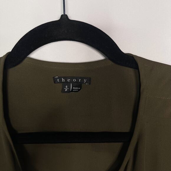 Theory Womens Small S Olive Green Brundia Silk Button Front Blouse Zip Chest Top - Picture 6 of 9